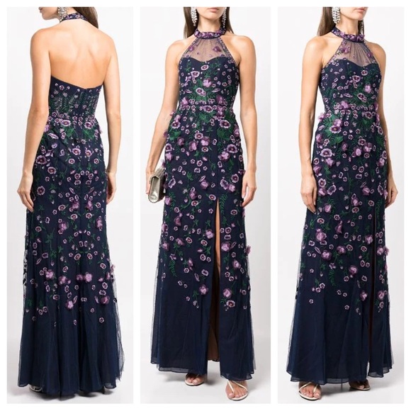 Marchesa 3D Floral Appliqué Halter Gown - Picture 4 of 4